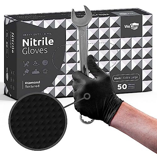 WECARE 8 Mil Nitrile Gloves - Heavy Duty Mechanic Gloves, with Diamond Grip - Powder and Latex Free Disposable Gloves - size: X-Large