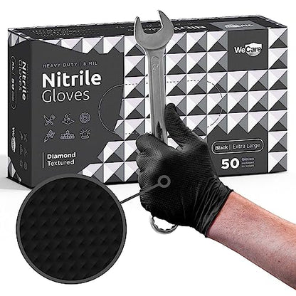 WECARE 8 Mil Nitrile Gloves - Heavy Duty Mechanic Gloves, with Diamond Grip - Powder and Latex Free Disposable Gloves - size: Medium