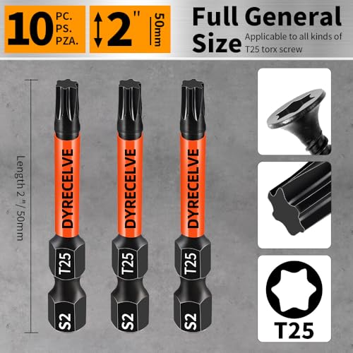 10-Pack T25 Torx Bits for Impact Driver, T-25 Torx/Star Bit Set 2'' Long, Magnetic Torque Head, Premium S2 Alloy Steel, 1/4'' Hex-Shank for Professional & DIY Use - size: 10pcs T-25 Torx Bit