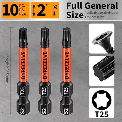 10-Pack T25 Torx Bits for Impact Driver, T-25 Torx/Star Bit Set 2'' Long, Magnetic Torque Head, Premium S2 Alloy Steel, 1/4'' Hex-Shank for Professional & DIY Use - size: 10pcs T-25 Torx Bit