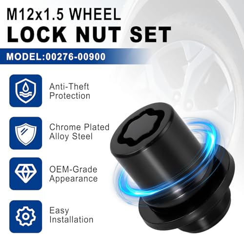 00276-00900 Wheel Lock Lug Nuts Set, 4 PCS Anti-Theft M12 x 1.5 Wheel Locks Lug Nuts and 1 PC Removal Key Socket, Compatible with 2001-2022 Toyota Camry Avalon C-HR Celica Corolla (Black)