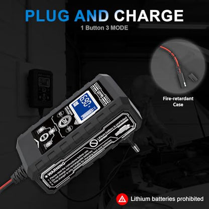 COREBOX Battery Charger 2-Amp 6V/12V Smart Trickle Charger for Car - Battery Maintainer Trickle Charger, and Automotive Battery Charger with Temperature Compensation for Car Truck Motorcycle