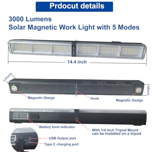 Solar Magnetic Work Light Bar 3000LM 4000mAh, Rechargeable LED Underhood Mechanic Light for Car Repair & Camping, Strong Magnet Base, Tripod Mount, Hook, Type-C - style: L0