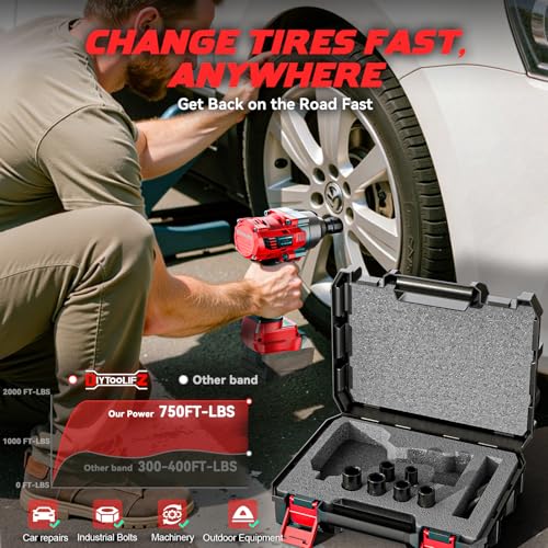 DIYtoolifz Cordless Impact Wrench 1/2" Compatible with Milwaukee 18v Battery, 750 Ft-lbs High Torque Impact Driver with 6Pcs Sockets & Storage Case, Impact Gun with 4-Speed & LED Light(Bare Tool)
