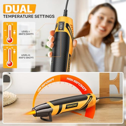 SEEKONE Mini Heat Gun, 350W 2-Temp Settings 500℉ & 842℉（260℃& 450℃） Fast Heat Hot Air Gun Tool with Reflector Nozzle and 4.9Ft Long Cable Overload Protection for Crafting, Vinyl Wrap and Shrink Tubing - color: Yellow