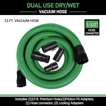 Upgraded 13ft 1-7/8-inch Wet/Dry Shop Vacuum Hose hose with 2-1/2" adapters om each end & 6 Replace Accessories - Green (WS25021A), For Most WORKSHOP Vacs