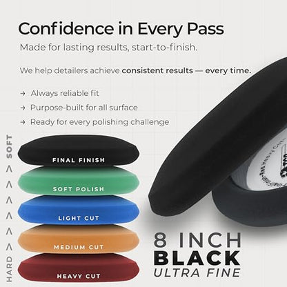 TCP Global 8" Black Foam Buffing Pad Extra Fine Finishing Polish Hook and Loop Backing - Buffing Pad for Automotive, Marine, Truck, RV & Compound Cutting - color: Black