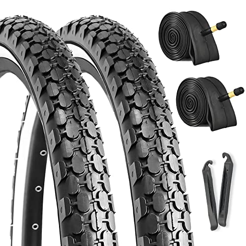 Hycline 2-Pack Cruiser Bike Tires Set: 24/26x2.125 inch Folding Replacement High-Performance Wear-Resistant Tires with Inner Tubes & Tire Levers for Beach & Urban Commuter Bikes - color: White Set-26x2.125