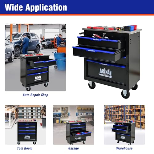 4 Drawer Heavy Duty Rolling Tool Chest, Mobile Metal Lockable Tool Cart with Stainless Steel Worktop, Garage Tool Storage Cabinet for Workshop Auto Repair, Black & Blue, 30.7" H × 25.9" W - size: 4 Drawers