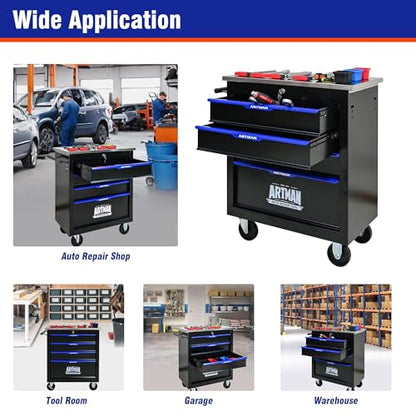 4 Drawer Heavy Duty Rolling Tool Chest, Mobile Metal Lockable Tool Cart with Stainless Steel Worktop, Garage Tool Storage Cabinet for Workshop Auto Repair, Black & Blue, 30.7" H × 25.9" W - size: 4 Drawers