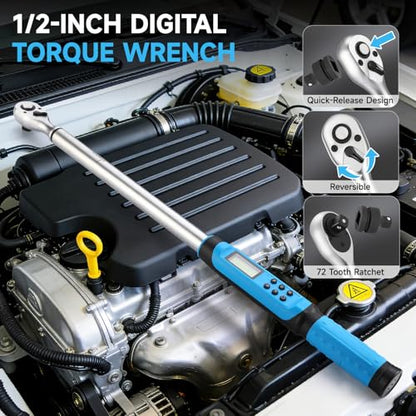 DISEN 1/2 inch Digital Torque Wrench (17-340 N.m / 12.5-250.8 Ft.lb), ±2% Accuracy, 4 Modes with Adjustable Limits, Blue/Red Alarm & Buzzer, 5 Units, for Automotive Motorcycle Bicycle Repair - size: 1/2 inch