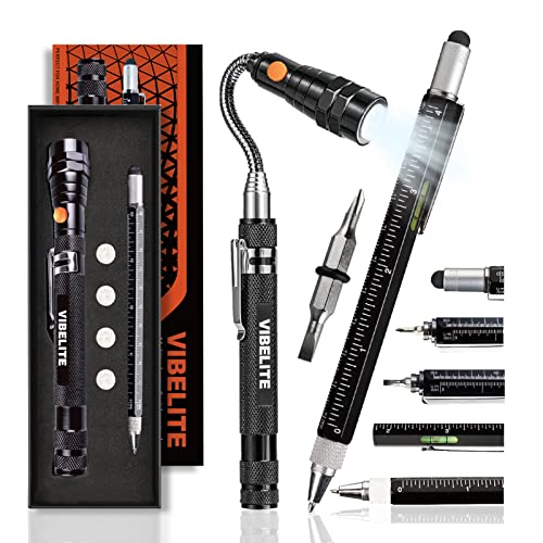 VIBELITE Magnetic Pickup Tool and 6 in 1 Multitool Pen with Touch Screen Stylus, Rulers, Bubble Level, Flathead, Phillips Screwdriver, Ballpoint Pen, Dad Gifts, Birthday Gifts for Men, Dad, 2Pack