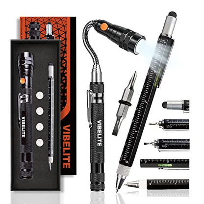 VIBELITE Magnetic Pickup Tool and 6 in 1 Multitool Pen with Touch Screen Stylus, Rulers, Bubble Level, Flathead, Phillips Screwdriver, Ballpoint Pen, Dad Gifts, Birthday Gifts for Men, Dad, 2Pack