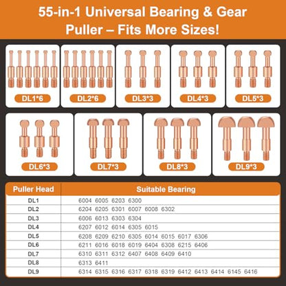 55-in-1 Bearing Puller Kit, Upgraded Heavy-Duty Wheel Bearing Removal Tool & Blind Hole Puller Set with Non-Slip Handle for Automotive, Industrial, Farm Use, Includes Portable Case (55in1-puller) - size: 55in1-puller