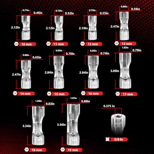 12030 Flare Nut Socket Set, 10pc, 10-19 mm 3/8" Drive Diesel Injector Fuel Line Socket Wrench Set for Fastener on Wired Temperature Sensors, Thermo Switches, ABS Tube, Master Cylinder, Coolant, etc