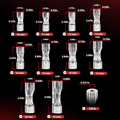 12030 Flare Nut Socket Set, 10pc, 10-19 mm 3/8" Drive Diesel Injector Fuel Line Socket Wrench Set for Fastener on Wired Temperature Sensors, Thermo Switches, ABS Tube, Master Cylinder, Coolant, etc