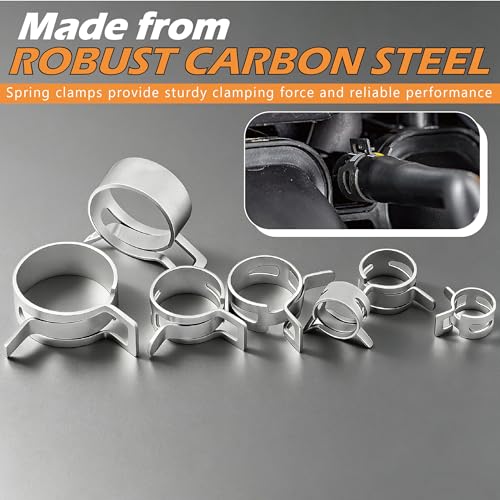 352Pcs Carbon Steel Spring Hose Clamp Kit - Black Oxide + Case & Pliers | 15 sizes 6-25mm, 352 pcs with case + clamp pliers & removal tool. Carbon steel, black oxide finish, for low-pressure systems.