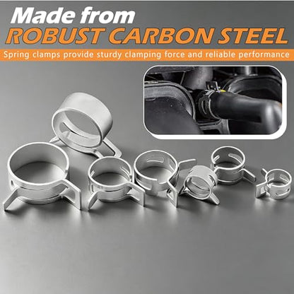 352Pcs Carbon Steel Spring Hose Clamp Kit - Black Oxide + Case & Pliers | 15 sizes 6-25mm, 352 pcs with case + clamp pliers & removal tool. Carbon steel, black oxide finish, for low-pressure systems.