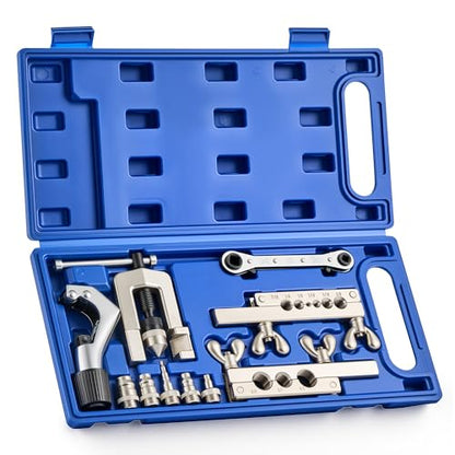 OMT Single Flaring Tool & Swaging Tool Kit for HVAC Tubing, 1/8"-3/4" | 45-degree single flares, tube cutter, ratchet wrench, 5 swaging adapters, zinc-plated steel, for copper aluminum soft metals
