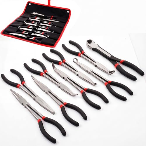 9 Piece 11 Inch Long Reach Pliers Set 45° 90° Bent, Circle, Diagonal Carbon Steel Needle Nose Pliers for Narrow Spaces and Limited Areas(Black) - color: Black