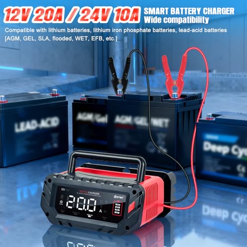 20A 12V/24V LiFePO4 Lead-Acid Battery Charger, Fully Automatic Battery Maintainer for AGM, STD, Gel, and Deep-Cycle Batteries.
