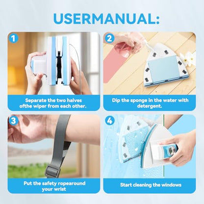 Double-Sided Magnetic Window Cleaner, Blue | Adjustable Magnetic Equipment, Fits 3-30mm Glass Thickness, 2.5m Safety Rope, High-Rise & Auto Glass, Safe Anti-Pinch Wiper - color: Blue