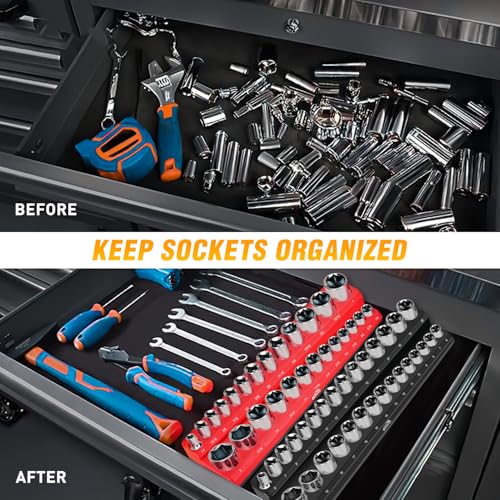 GOOACC 3/8" Magnetic Socket Organizer, 2 Pieces Metric & SAE Socket Drive Holders 3/8 inch Socket Organizer Tray Holds 56 Standard Sockets for Toolboxes - size: 2PCS 3/8" SAE & Metric Red Black