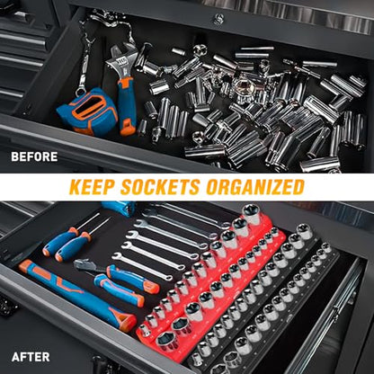 GOOACC 3/8" Magnetic Socket Organizer, 2 Pieces Metric & SAE Socket Drive Holders 3/8 inch Socket Organizer Tray Holds 56 Standard Sockets for Toolboxes - size: 2PCS 3/8" SAE & Metric Red Black