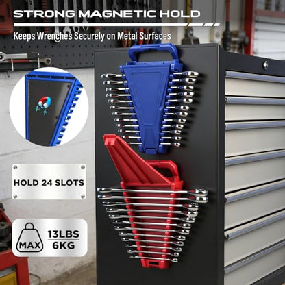 8-Piece Magnetic Socket and Wrench Organizer Set, Metric & SAE, 1/4", 3/8", 1/2"Drive Detachable Socket Storage Tray, 24-Slot Wrench Holder with Non-Slip Handle & Lock Cover for Toolbox Drawer Storage - style: 8-Piece Secure Locking Comb