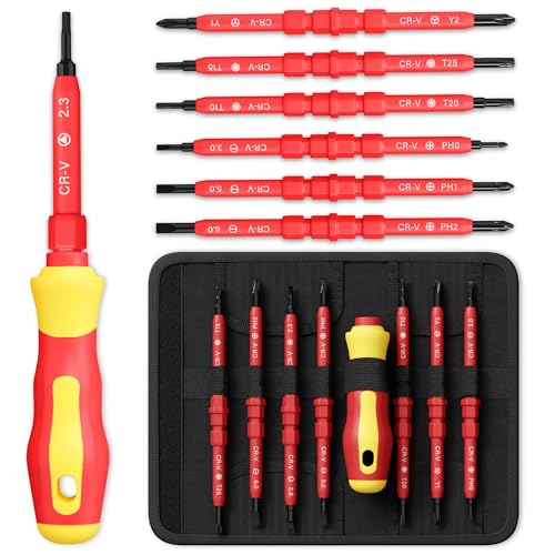 14 Tips Multi Bit Screw Driver Kit - Screwdriver Set for Various Uses, Versatile Head Types (Crosshead, Slotted, 6-Point, Square, Hexagonal), Strong Magnetic Tips and Insulated Cover, Convenient Case - style: Insulated Screwdriver Set
