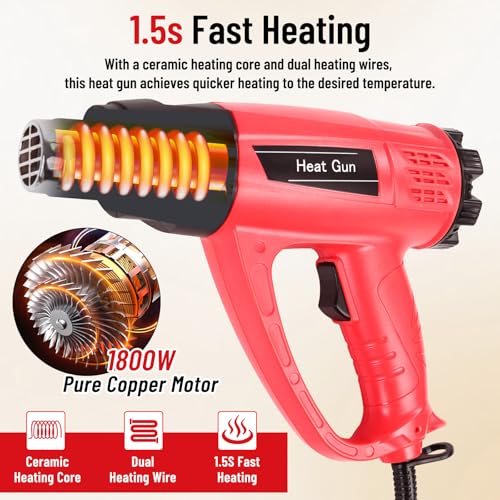 1800W Heat Gun for DIYers, Crafters & Electronics Repair – 140°F~1112°F Variable Temp, 1.5s Fast Heat, 5 Nozzles, 2 Scrapers, Overheat Protection, Hands-Free Stand | Shrink Tube, Resin, Vinyl Wrap - color: Red