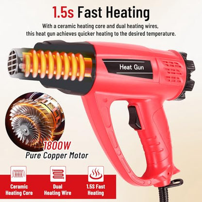 1800W Heat Gun for DIYers, Crafters & Electronics Repair – 140°F~1112°F Variable Temp, 1.5s Fast Heat, 5 Nozzles, 2 Scrapers, Overheat Protection, Hands-Free Stand | Shrink Tube, Resin, Vinyl Wrap - color: Red