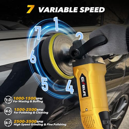 GEVEELIFE Buffer Polisher, 6 Inch/7 Inch 1600W Rotary Car Buffer Polisher Waxer, 7 Variable Speed 1000-3500 RPM, Detachable Handle for Car, Boat Sanding, Polishing, Waxing(Yellow) - color: Yellow