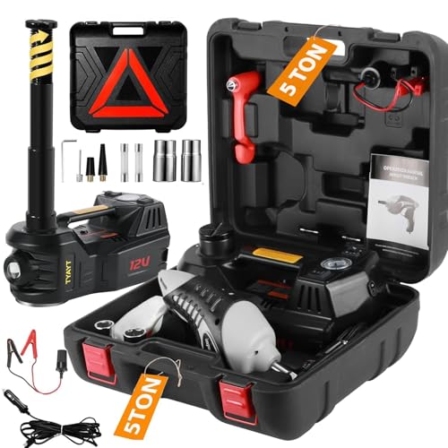 Electric Car Jack Kit 5 Ton 12V Floor Jack with Impact Wrench and Tire Inflator Pump Portable Hydraulic Car Jack for SUV Sedans Tire Change with LED Light, Lifting Height 6 to 17.7 Inch (Black)