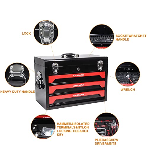 Campfun 439PCS Tool Set, Mechanic Tool Set for Home, Tool Box Set 4-Tier Socket Wrench Ratchet Plier Nails, Home Tool Set Mechanics Kit with 3 Drawers Organizer for Adults Man Handyman, Red - color: 439pcs-red