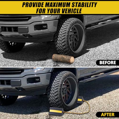 Heavy Duty Wheel Chocks - Wheel Stoppers for Trailer Travel Trailers RV Aircraft Car Camper Truck, Non Slip Rubber Wheel Block with Nylon Rope Yellow Reflective Tape(2 Pair) - color: 2 Pairs
