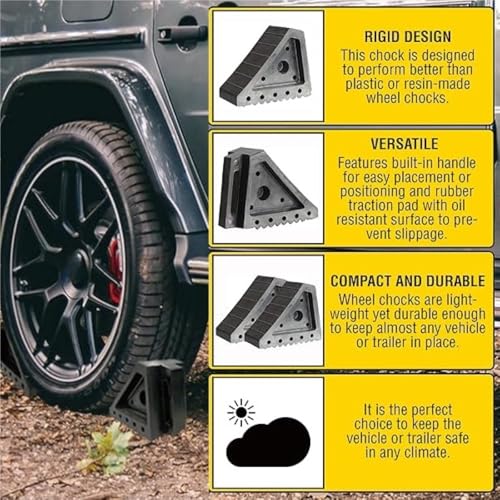 Heavy Duty Solid Rubber Wheel Chocks 2-Pack, Non-Slip Tire Stop Block with Built-in Handle – All-Weather Traction for Truck, RV, Trailer