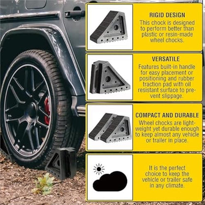 Heavy Duty Solid Rubber Wheel Chocks 2-Pack, Non-Slip Tire Stop Block with Built-in Handle – All-Weather Traction for Truck, RV, Trailer