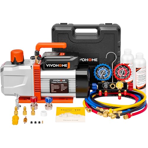 VIVOHOME VG Series AC Vacuum Pump and Gauge Set, 1 HP 9.6CFM 2 Stage HVAC Vacuum Pump and 4 Way Manifold Gauge Kit with 5ft Hoses for R134a R12 R22 R502 R410a Auto HVAC Systems Commercial Use - size: 9.6CFM
