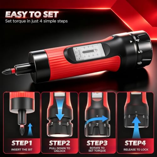 Torque Screwdriver 10-70 in-lb, 45-Piece 1/4" Drive Set with 24 S2 Steel Bits, 20 CR-V Magnetic SAE and Metric Nut Drivers, Storage Case, Inch Pound Torque Wrench for Automotive, Bike and DIY Repair