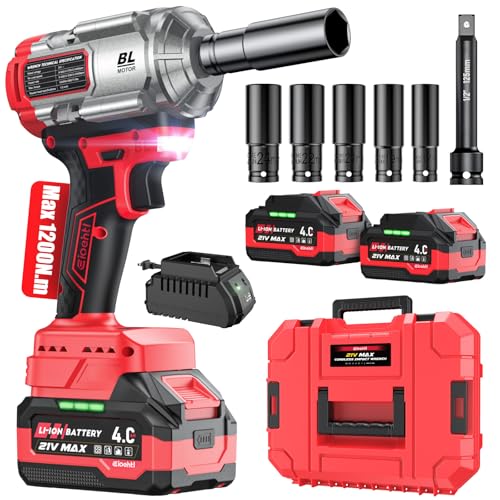 Cordless Impact Wrench 885 Ft-lbs (1200N·m), Brushless High Torque 1/2" Impact Gun, 21V 2×4.0Ah Batteries, 3-Mode Speed Control, Impact Wrench with 5 Sockets + Extension Bar for Car, Truck, RV & Mower