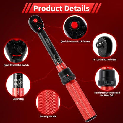 Hairich 1/4-Inch Torque Wrench, Dual-direction Small Torque Wrench 20-220in.lb/2.3-24.9Nm, 72 tooth High Precision Professional with Dual Range Scales | 72 tooth High Precision Professional with Dual Range Scales,Dual-direction Small Torque Wrench - size: