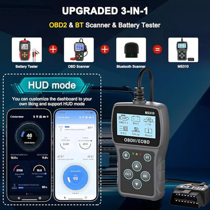 Bluetooth OBD2 Scanner Diagnostic Tool with Battery Tester: Check Engine Code Reader - Plug & Play with Live Data and Trip Analysis, Scan Tool for All OBDII Protocol Cars Since 1996