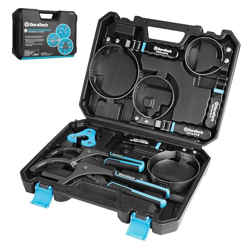 DURATECH 8-Piece Oil Filter Swivel Wrench Set, Wrenches Cover 2-3/4" to 5-1/4", 9" & 12" Adjustable Oil Filter Pliers, Universal 3-Jaw Removal Tool with 1/2" to 3/8" Adapter, Organized in Storage Case - size: 8-Piece Set (Fits Filters 2-3/4" to 5-1/4"), s
