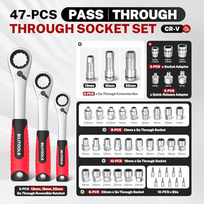 BILITOOLS 47 PCS Pass Through Socket Set with 1/4" & 3/8" & 1/2" Drive | Convertible Ratchet Wrenches (13/19/22mm), Spline Sockets and Bits, Pass Thru Go Through Mechanics Tools Set For Tight Spaces - style: 47-Piece Pass Through Socket Set