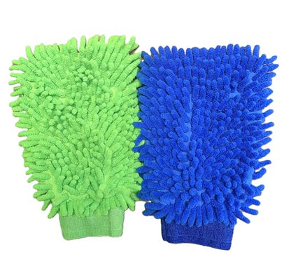 House Cleaning and Car Wash Mitts, Home Dusting Microfiber Gloves, Washing Clean Polish Faster (2-Pack, Green/Blue) - color: Green/Blue
