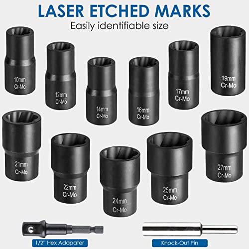 Lug Nut Removal Tool,13 PCS Lug Nut Extractor Set | 1/2 Inch Drive Bolt Extractor, Easy Out Lug Nut remover for Damaged, Frozen, Studs, Rusted, Rounded-Off Bolts & Nuts Screws - color: 13-piece