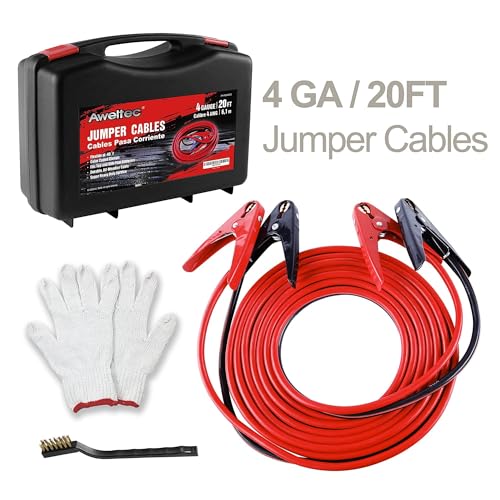 Heavy Duty Jumper Cables,All Copper 4 Gauge 20 Feet Booster Battery Cable,Automotive Wires with with Alligator Clips,600D Fabric Carrying Bag,Safety Gloves and Iron Brush for Cars Truck - size: 4 Gauge 20 feet (Pure Copper)