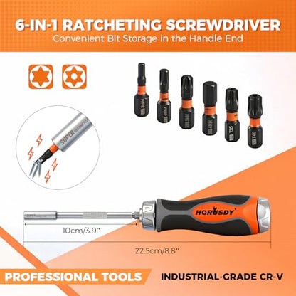 HORUSDY 6-in-1 Ratcheting Screwdriver Set, Magnetic Multi-Bit Screwdriver with Built-in Premium S2 Bits & 126mm Extension Bar, Dad Mens Gifts for Christmas, All-in-One Tool for Home Repair, DIY - style: High-Quality Screwdriver