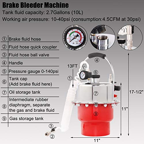 YSTOOL Brake Bleeder Kit Pneumatic Pressure Brake Clutch Fluid Bleeding Tool Set with Master Cylinder Adatpers Air Power Pressurized Oil Change Bleeder Machine and Waste Oil Collection Bottle (Red) - color: Red